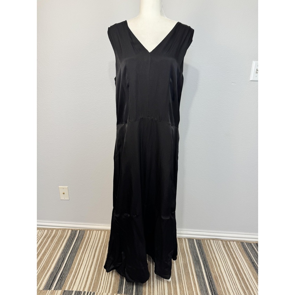Everlane Satin Maxi Slip Dress Women's Large Black V Neck Tie Back Pockets Crepe